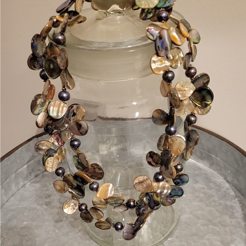 T.J.T. Designer Abalone Shell Petal Pearl Sterling Silver Necklace Vintage 35 in